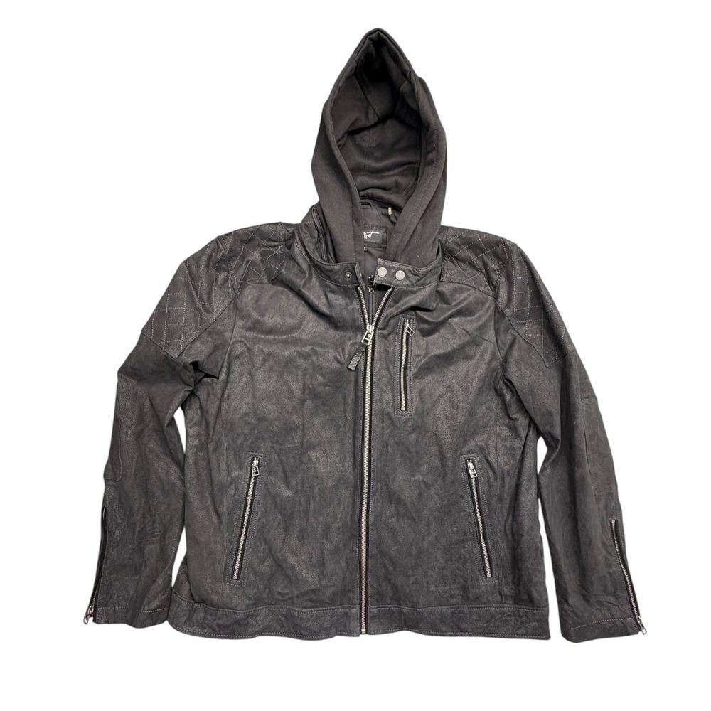 Black Rivet Mens Genuine Leather Moto Jacket Charcoal Gray Hooded Bib XXL NEW